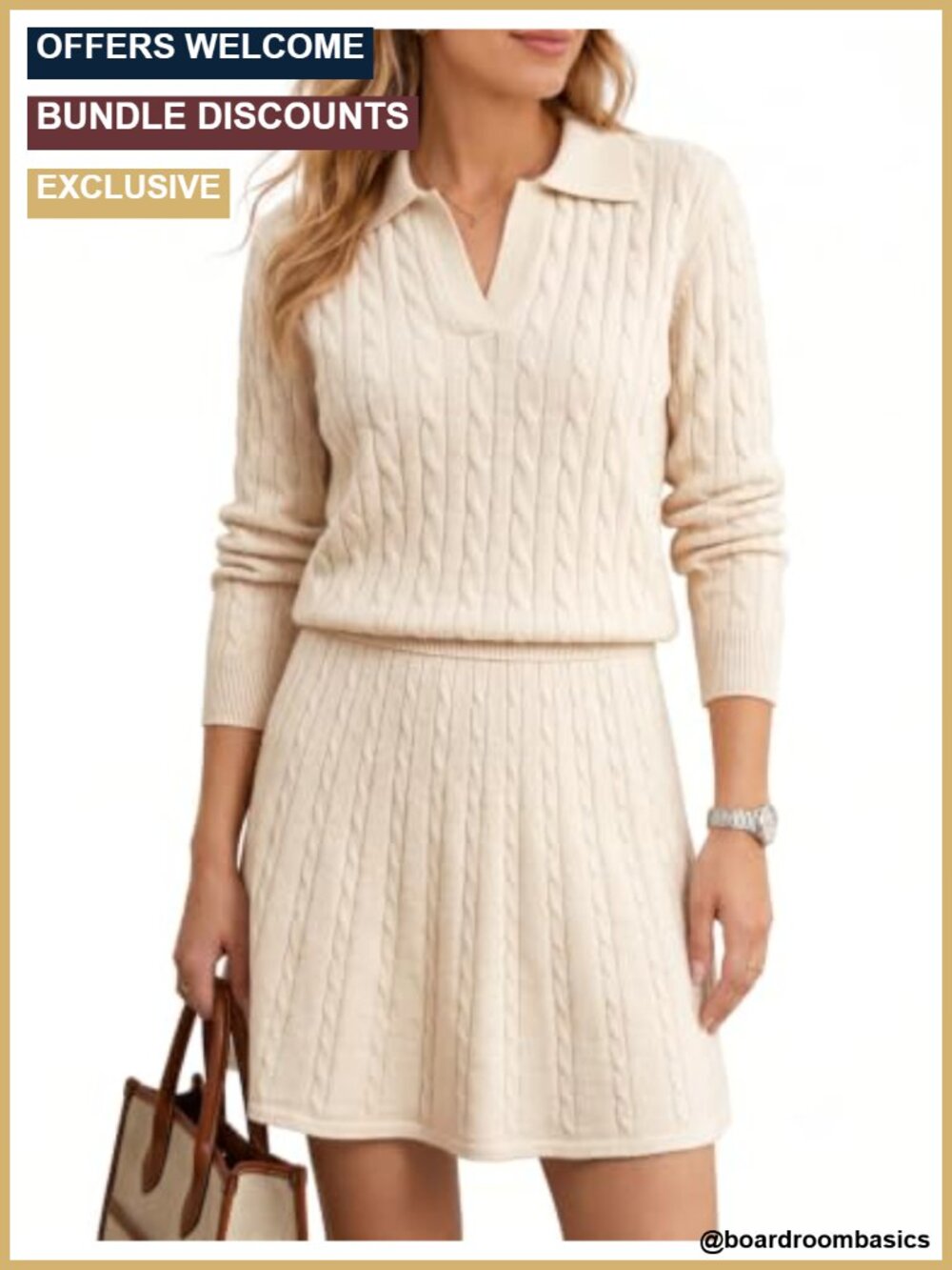 Womens 2 Piece Cable Knit Skirt Set Polo Collar Mini